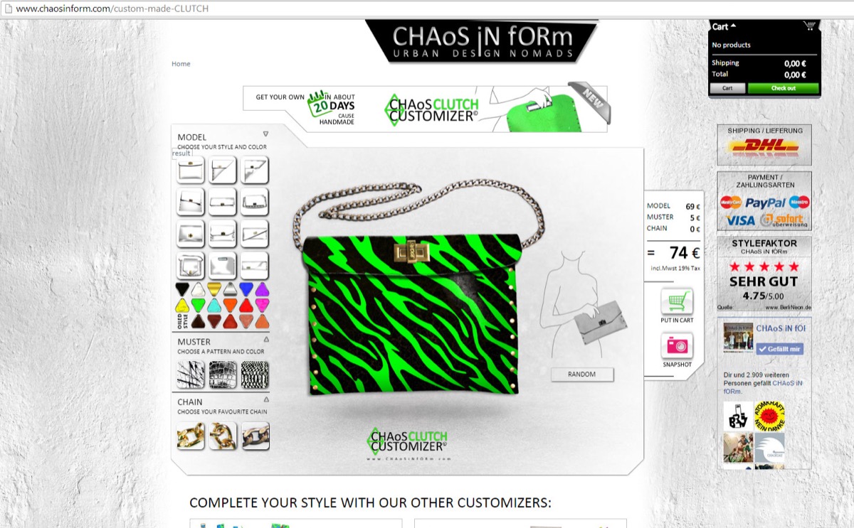 Der Clutch-Customizer 2013 im Browser: Modell Viktoria, Zebra in Neongrün, Goldkette, 74 €, STYLEFAKTOR SEHR GUT 4.75