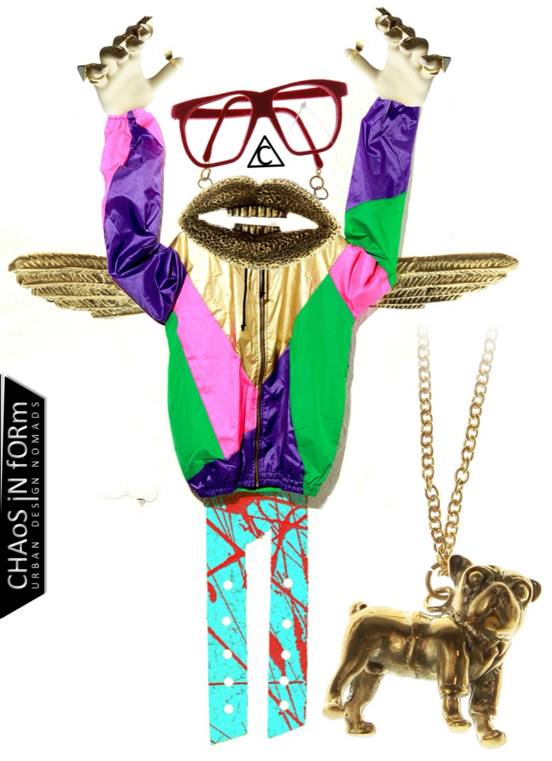 Kampagnenplakat 2012: Neon-Jacke mit Flügeln, rote Brille, Goldkette mit Mops