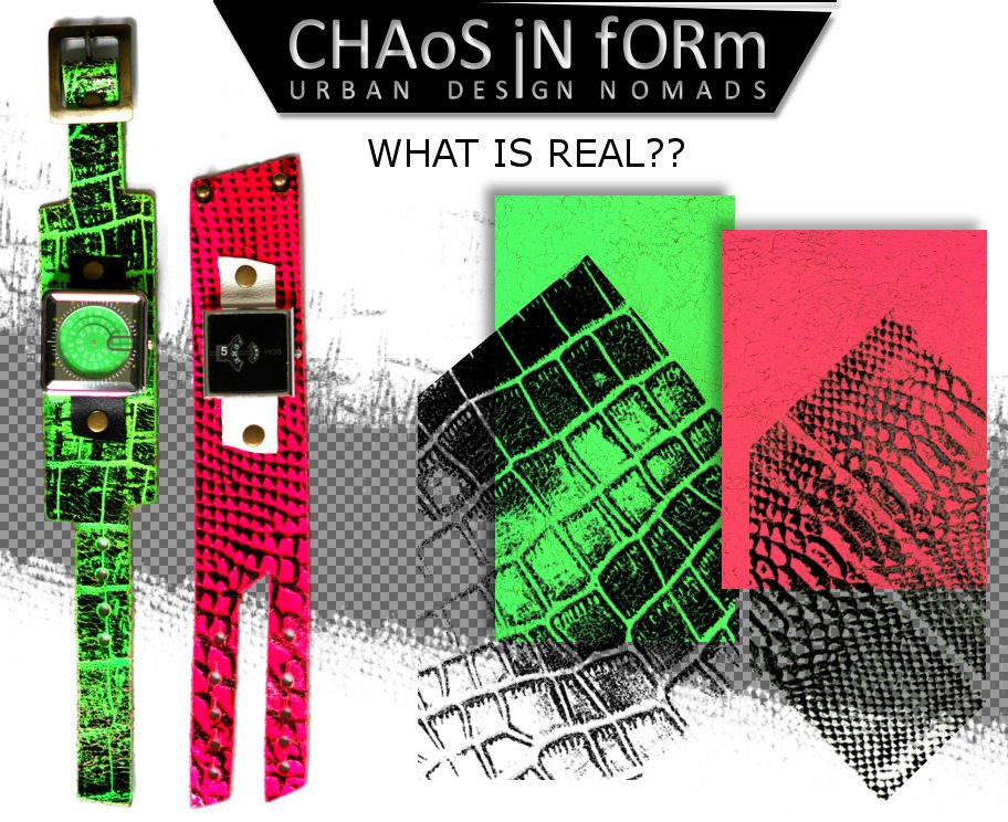 „WHAT IS REAL??“ — echte Lederbänder in Neongrün-Croco und Pink-Snake neben den abfotografierten Texturen